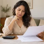 Mujer revisando documentos y una calculadora en la mesa de su casa.