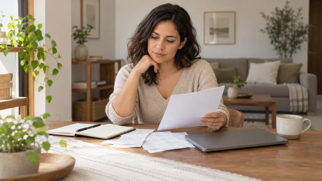 Mujer revisa sus gastos en una mesa de casa junto a una computadora cerrada.