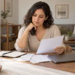 Mujer revisa sus gastos en una mesa de casa junto a una computadora cerrada.