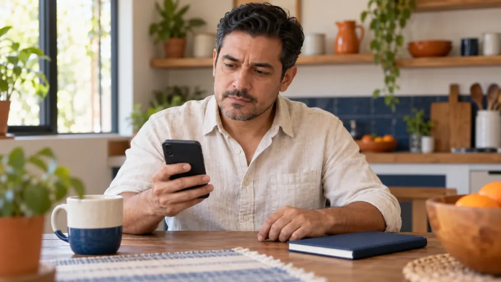 Hombre revisa con cautela una oferta en su celular antes de tomar una decisión.