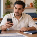 Hombre revisa con cautela una oferta en su celular antes de tomar una decisión.