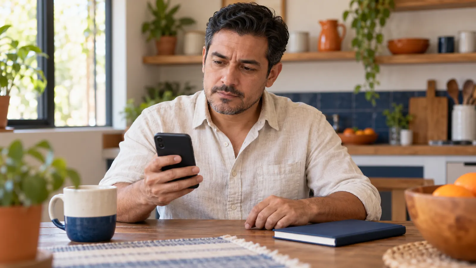 Hombre revisa con cautela una oferta en su celular antes de tomar una decisión.