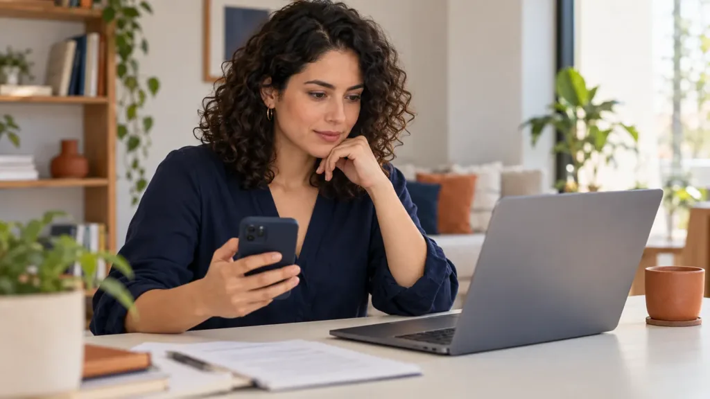 Mujer compara información en su celular y computadora antes de usar una app de préstamos.